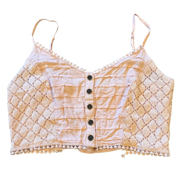 hint of mint Tops - Pink Crochet Lace Smocked‎ Button Up Crop Top Boho Festival L Coquette Fairy Fem